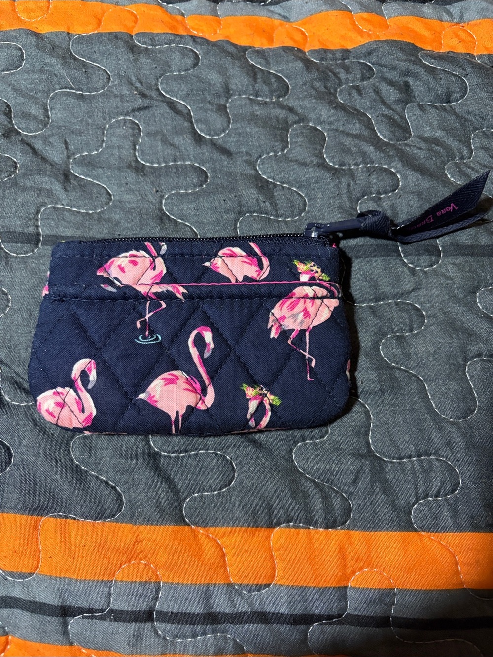 Vera Bradley Navy Quilted Coin Pouch with Pink Flamingo Print